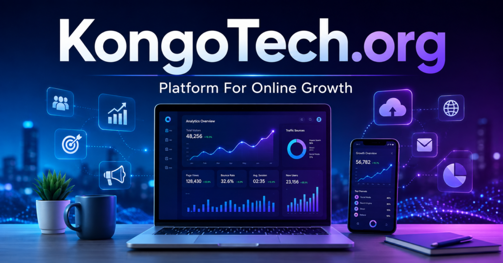 KongoTech.org platform for online growth featuring digital marketing, technology, social media, and website analytics.